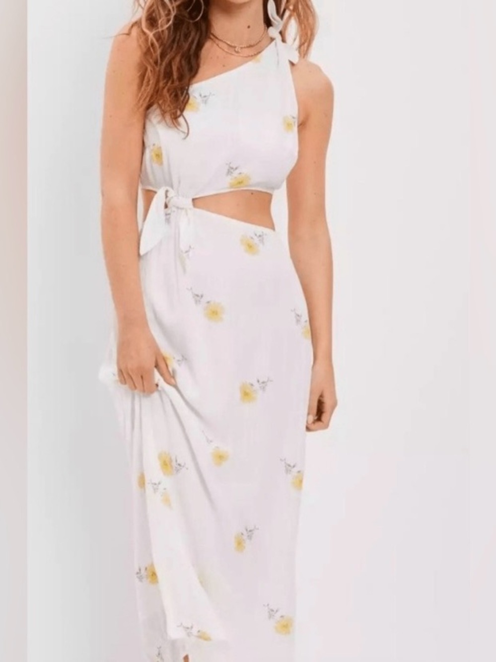American Eagle Sleeveless White Floral Cutout Maxi Dress with Tie Detail
